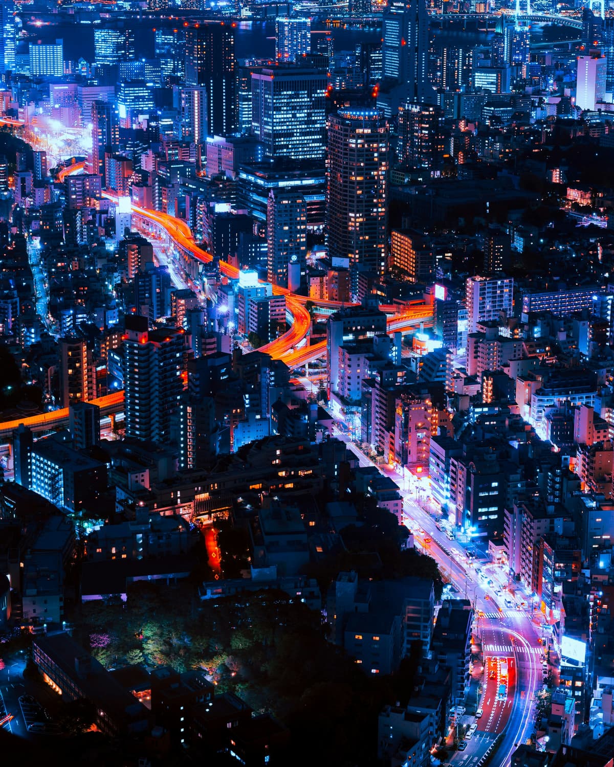 Cityscape at night with neon lights
